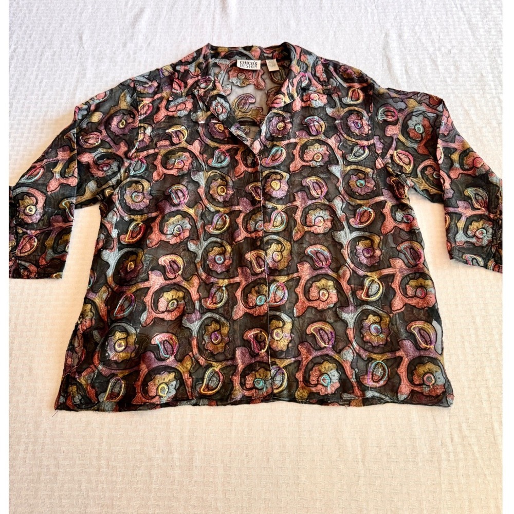 Chicos Design Vintage Silk Blend Embroidered Blouse Boho Paisley Floral Size 2 L